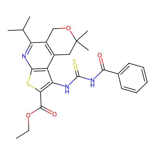 ethyl 1-(3-benzoylthioureido)-5-isopropyl-8,8-dimethyl-8,9-dihydro-6H-pyrano[4,3-d]thieno[2,3-b]pyridine-2-carboxylate structure