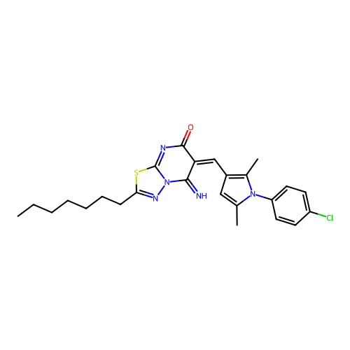 (6E)-6-[[1-(4-chlorophenyl)-2,5-dimethylpyrrol-3-yl]methylidene]-2-heptyl-5-imino-[1,3,4]thiadiazolo[3,2-a]pyrimidin-7-one structure