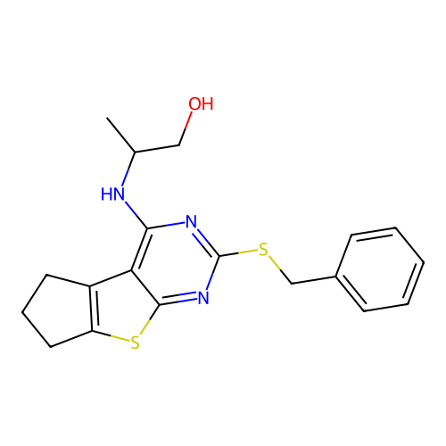 2-(2-Benzylsulfanyl-6,7-dihydro-5H-cyclopenta[4,5]thieno[2,3-d]pyrimidin-4-ylamino)-propan-1-ol structure