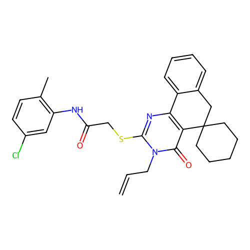 2-((3-allyl-4-oxo-4,6-dihydro-3H-spiro[benzo[h]quinazoline-5,1'-cyclohexan]-2-yl)thio)-N-(5-chloro-2-methylphenyl)acetamide structure