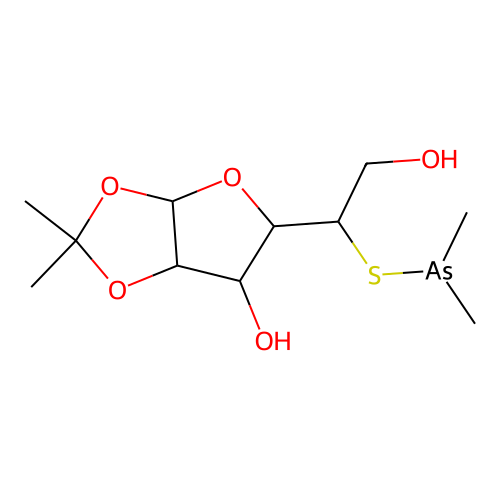 5-(1-dimethylarsanylsulfanyl-2-hydroxyethyl)-2,2-dimethyl-3a,5,6,6a-tetrahydrofuro[2,3-d][1,3]dioxol-6-ol structure