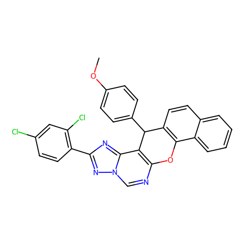 2-(2,4-dichlorophenyl)-14-(4-methoxyphenyl)-14H-benzo[7,8]chromeno[3,2-e][1,2,4]triazolo[1,5-c]pyrimidine structure