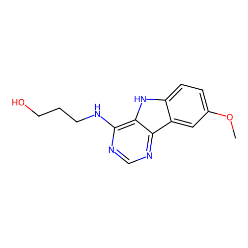 3-[(8-methoxy-5H-pyrimido[5,4-b]indol-4-yl)amino]propan-1-ol structure