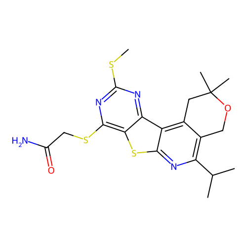 2-((5-isopropyl-2,2-dimethyl-10-(methylthio)-2,4-dihydro-1H-pyrano[4'',3'':4',5']pyrido[3',2':4,5]thieno[3,2-d]pyrimidin-8-yl)thio)acetamide structure