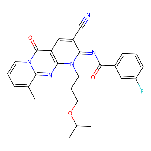 (E)-N-(3-cyano-1-(3-isopropoxypropyl)-10-methyl-5-oxo-1H-dipyrido[1,2-a:2',3'-d]pyrimidin-2(5H)-ylidene)-3-fluorobenzamide structure