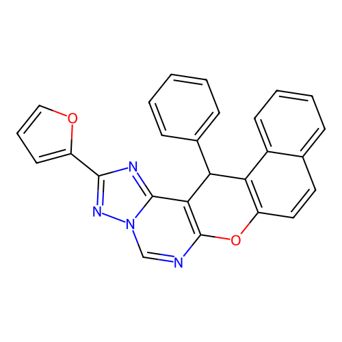2-(furan-2-yl)-14-phenyl-14H-benzo[5,6]chromeno[3,2-e][1,2,4]triazolo[1,5-c]pyrimidine structure