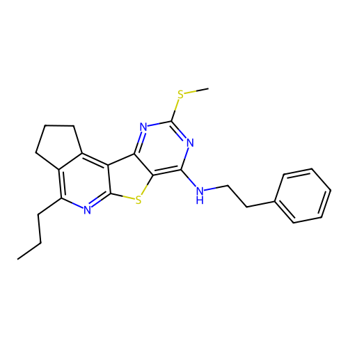 9-(methylsulfanyl)-N-(2-phenylethyl)-4-propyl-2,3-dihydro-1H-cyclopenta[4',5']pyrido[3',2':4,5]thieno[3,2-d]pyrimidin-7-amine structure