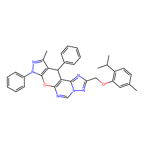 10-methyl-2-{[5-methyl-2-(propan-2-yl)phenoxy]methyl}-8,11-diphenyl-8,11-dihydropyrazolo[4',3':5,6]pyrano[3,2-e][1,2,4]triazolo[1,5-c]pyrimidine structure