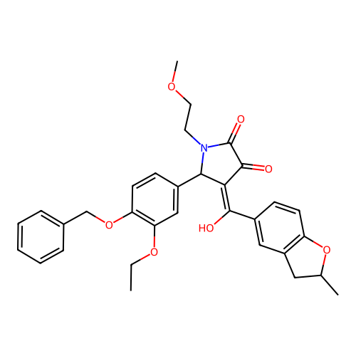 (4E)-5-(3-ethoxy-4-phenylmethoxyphenyl)-4-[hydroxy-(2-methyl-2,3-dihydro-1-benzofuran-5-yl)methylidene]-1-(2-methoxyethyl)pyrrolidine-2,3-dione structure