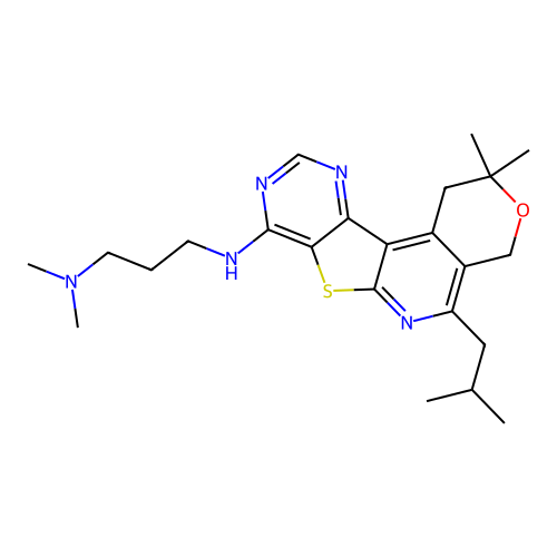 N'-[2,2-dimethyl-5-(2-methylpropyl)-1,4-dihydro-2H-pyrano[4'',3'':4',5']pyrido[3',2':4,5]thieno[3,2-d]pyrimidin-8-yl]-N,N-dimethylpropane-1,3-diamine structure