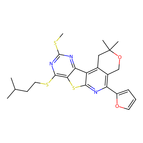 5-(furan-2-yl)-2,2-dimethyl-8-[(3-methylbutyl)sulfanyl]-10-(methylsulfanyl)-1,4-dihydro-2H-pyrano[4'',3'':4',5']pyrido[3',2':4,5]thieno[3,2-d]pyrimidine structure
