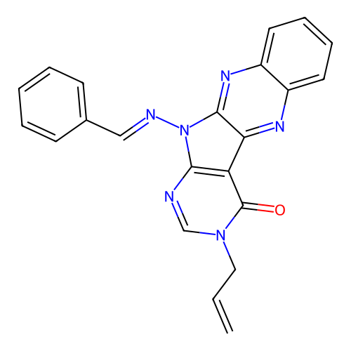 (E)-3-allyl-11-(benzylideneamino)-3H-pyrimido[5',4':4,5]pyrrolo[2,3-b]quinoxalin-4(11H)-one structure