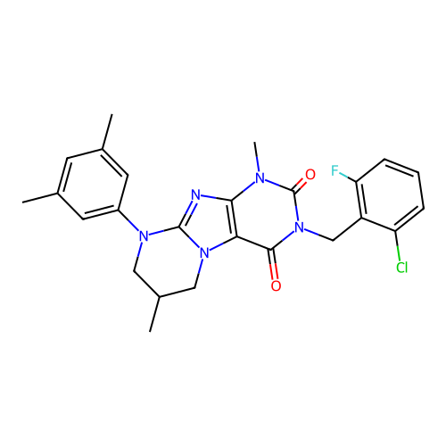 3-(2-chloro-6-fluorobenzyl)-9-(3,5-dimethylphenyl)-1,7-dimethyl-6,7,8,9-tetrahydropyrimido[2,1-f]purine-2,4(1H,3H)-dione structure