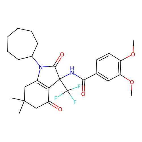 N-(1-cycloheptyl-6,6-dimethyl-2,4-dioxo-3-(trifluoromethyl)-2,3,4,5,6,7-hexahydro-1H-indol-3-yl)-3,4-dimethoxybenzamide structure