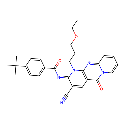 (E)-4-(tert-butyl)-N-(3-cyano-1-(3-ethoxypropyl)-5-oxo-1H-dipyrido[1,2-a:2',3'-d]pyrimidin-2(5H)-ylidene)benzamide structure