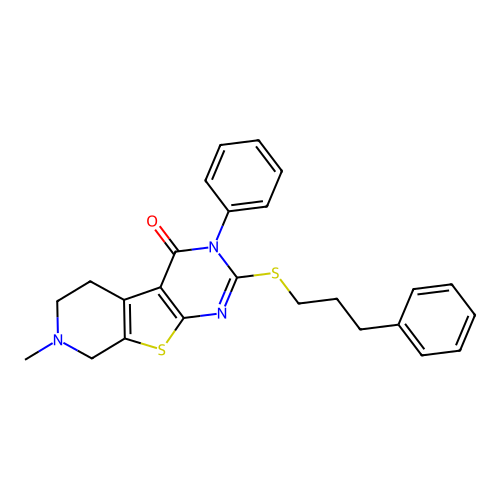 7-methyl-3-phenyl-2-((3-phenylpropyl)thio)-5,6,7,8-tetrahydropyrido[4',3':4,5]thieno[2,3-d]pyrimidin-4(3H)-one structure