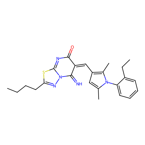 (E)-2-butyl-6-((1-(2-ethylphenyl)-2,5-dimethyl-1H-pyrrol-3-yl)methylene)-5-imino-5H-[1,3,4]thiadiazolo[3,2-a]pyrimidin-7(6H)-one structure