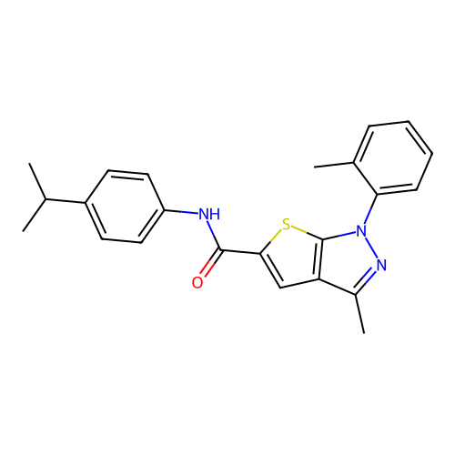 3-methyl-1-(2-methylphenyl)-N-(4-propan-2-ylphenyl)thieno[2,3-c]pyrazole-5-carboxamide structure