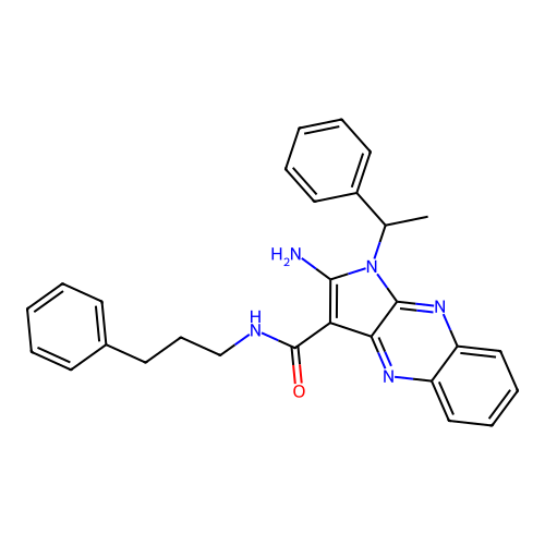 2-amino-1-(1-phenylethyl)-N-(3-phenylpropyl)-1H-pyrrolo[2,3-b]quinoxaline-3-carboxamide structure