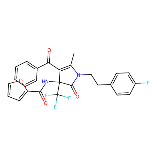 N-(4-benzoyl-1-(4-fluorophenethyl)-5-methyl-2-oxo-3-(trifluoromethyl)-2,3-dihydro-1H-pyrrol-3-yl)furan-2-carboxamide structure