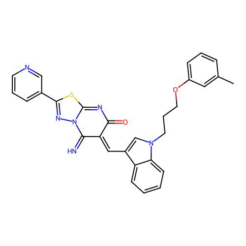 (6Z)-5-imino-6-({1-[3-(3-methylphenoxy)propyl]-1H-indol-3-yl}methylidene)-2-(pyridin-3-yl)-5,6-dihydro-7H-[1,3,4]thiadiazolo[3,2-a]pyrimidin-7-one structure