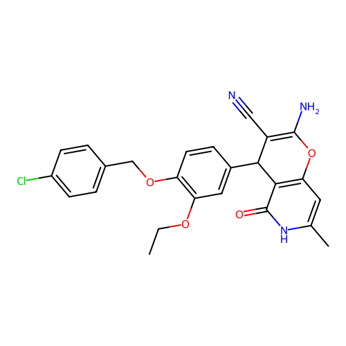 2-amino-4-(4-((4-chlorobenzyl)oxy)-3-ethoxyphenyl)-7-methyl-5-oxo-5,6-dihydro-4H-pyrano[3,2-c]pyridine-3-carbonitrile structure