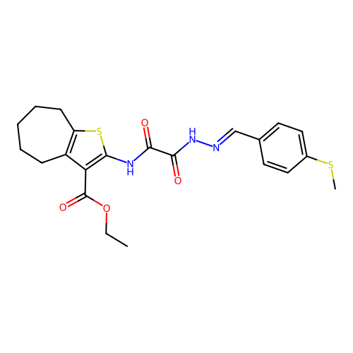 (E)-ethyl 2-(2-(2-(4-(methylthio)benzylidene)hydrazinyl)-2-oxoacetamido)-5,6,7,8-tetrahydro-4H-cyclohepta[b]thiophene-3-carboxylate structure
