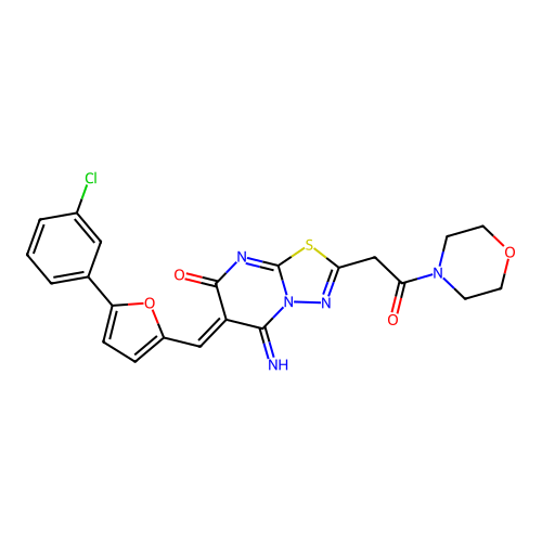 (6Z)-6-[[5-(3-chlorophenyl)furan-2-yl]methylidene]-5-imino-2-(2-morpholin-4-yl-2-oxoethyl)-[1,3,4]thiadiazolo[3,2-a]pyrimidin-7-one structure