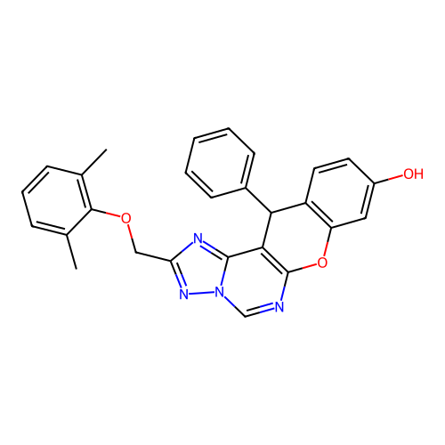 2-[(2,6-dimethylphenoxy)methyl]-12-phenyl-12H-chromeno[3,2-e][1,2,4]triazolo[1,5-c]pyrimidin-9-ol structure