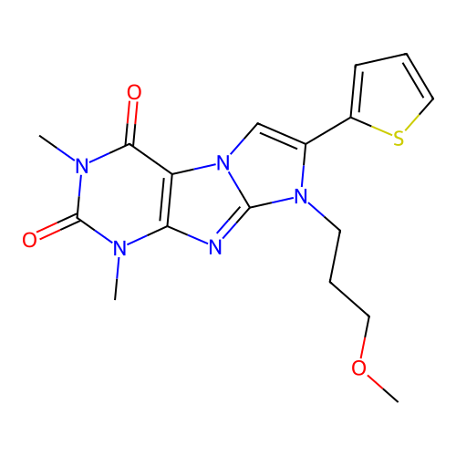 8-(3-methoxypropyl)-1,3-dimethyl-7-(thiophen-2-yl)-1H-imidazo[2,1-f]purine-2,4(3H,8H)-dione structure
