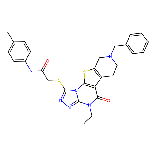 2-((8-benzyl-4-ethyl-5-oxo-4,5,6,7,8,9-hexahydropyrido[4',3':4,5]thieno[3,2-e][1,2,4]triazolo[4,3-a]pyrimidin-1-yl)thio)-N-(p-tolyl)acetamide structure