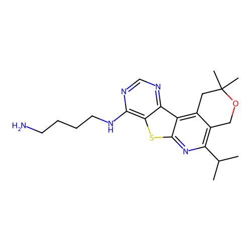 N-[2,2-dimethyl-5-(propan-2-yl)-1,4-dihydro-2H-pyrano[4'',3'':4',5']pyrido[3',2':4,5]thieno[3,2-d]pyrimidin-8-yl]butane-1,4-diamine structure