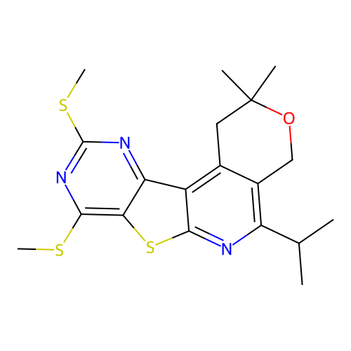 2,2-dimethyl-8,10-bis(methylsulfanyl)-5-(propan-2-yl)-1,4-dihydro-2H-pyrano[4'',3'':4',5']pyrido[3',2':4,5]thieno[3,2-d]pyrimidine structure