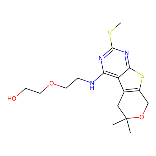 2-(2-((6,6-dimethyl-2-(methylthio)-6,8-dihydro-5H-pyrano[4',3':4,5]thieno[2,3-d]pyrimidin-4-yl)amino)ethoxy)ethanol structure