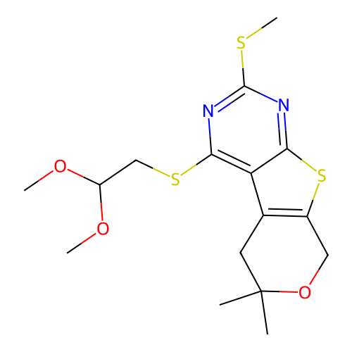 4-((2,2-dimethoxyethyl)thio)-6,6-dimethyl-2-(methylthio)-6,8-dihydro-5H-pyrano[4',3':4,5]thieno[2,3-d]pyrimidine structure