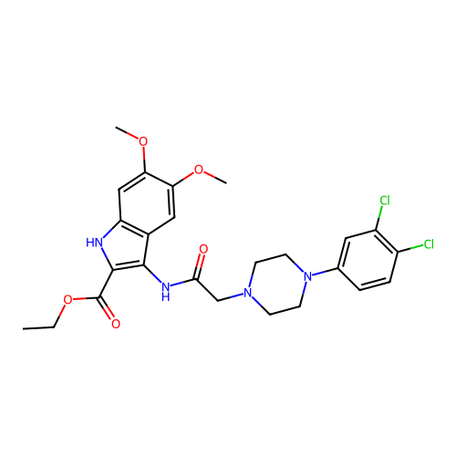 ethyl 3-({[4-(3,4-dichlorophenyl)piperazin-1-yl]acetyl}amino)-5,6-dimethoxy-1H-indole-2-carboxylate structure