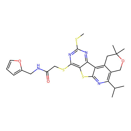 2-{[2,2-dimethyl-10-(methylsulfanyl)-5-(propan-2-yl)-1,4-dihydro-2H-pyrano[4'',3'':4',5']pyrido[3',2':4,5]thieno[3,2-d]pyrimidin-8-yl]sulfanyl}-N-(furan-2-ylmethyl)acetamide structure