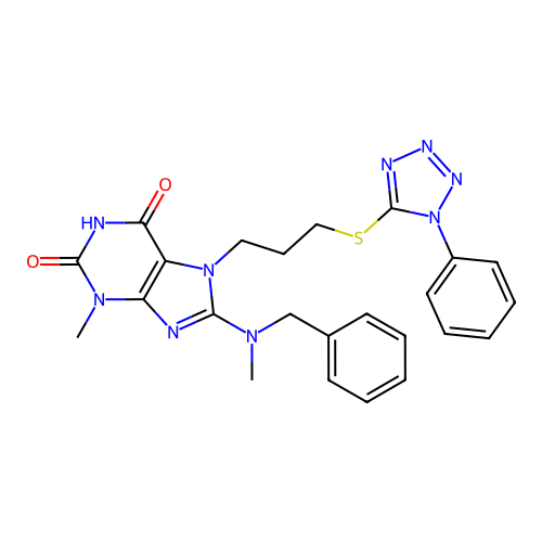 8-[benzyl(methyl)amino]-3-methyl-7-[3-(1-phenyltetrazol-5-yl)sulfanylpropyl]purine-2,6-dione structure