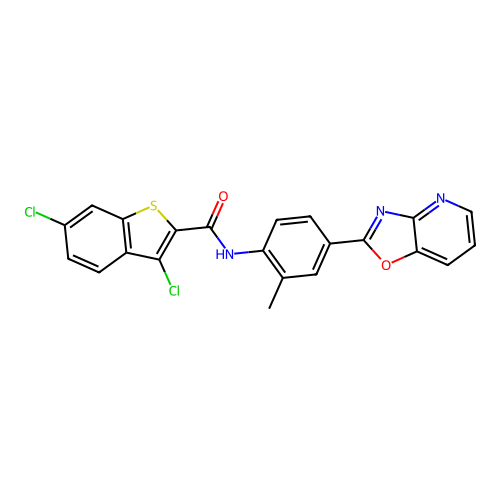 3,6-dichloro-N-[2-methyl-4-([1,3]oxazolo[4,5-b]pyridin-2-yl)phenyl]-1-benzothiophene-2-carboxamide structure