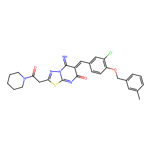 (6Z)-6-[[3-chloro-4-[(3-methylphenyl)methoxy]phenyl]methylidene]-5-imino-2-(2-oxo-2-piperidin-1-ylethyl)-[1,3,4]thiadiazolo[3,2-a]pyrimidin-7-one structure