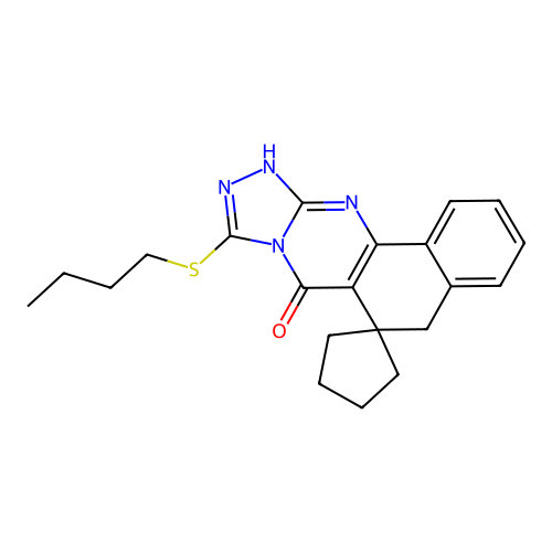 9-(butylthio)-5H-spiro[benzo[h][1,2,4]triazolo[3,4-b]quinazoline-6,1'-cyclopentan]-7(12H)-one structure