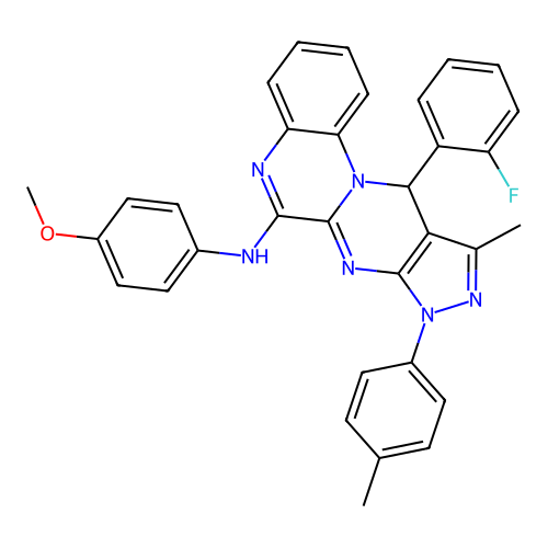 11-(2-fluorophenyl)-N-(4-methoxyphenyl)-10-methyl-8-(4-methylphenyl)-8,11-dihydropyrazolo[3',4':4,5]pyrimido[1,2-a]quinoxalin-6-amine structure