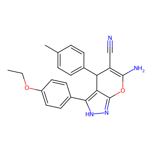 6-amino-3-(4-ethoxyphenyl)-4-(p-tolyl)-1,4-dihydropyrano[2,3-c]pyrazole-5-carbonitrile structure