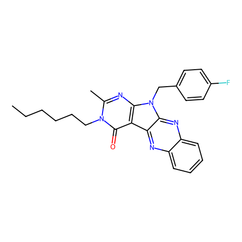 11-(4-fluorobenzyl)-3-hexyl-2-methyl-3,11-dihydro-4H-pyrimido[5',4':4,5]pyrrolo[2,3-b]quinoxalin-4-one structure