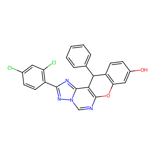 2-(2,4-dichlorophenyl)-12-phenyl-12H-chromeno[3,2-e][1,2,4]triazolo[1,5-c]pyrimidin-9-ol structure