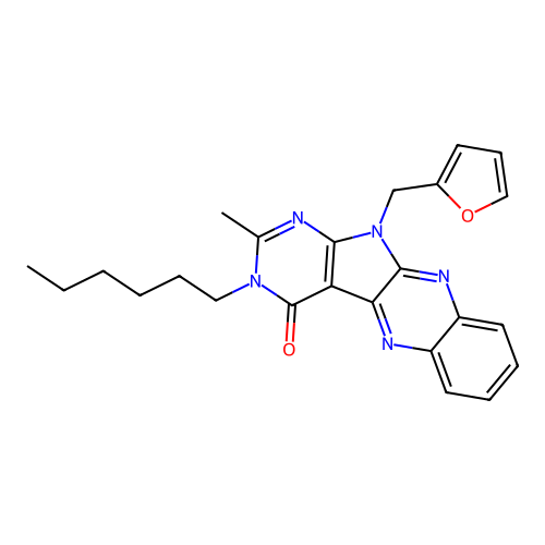 11-(furan-2-ylmethyl)-3-hexyl-2-methyl-3,11-dihydro-4H-pyrimido[5',4':4,5]pyrrolo[2,3-b]quinoxalin-4-one structure