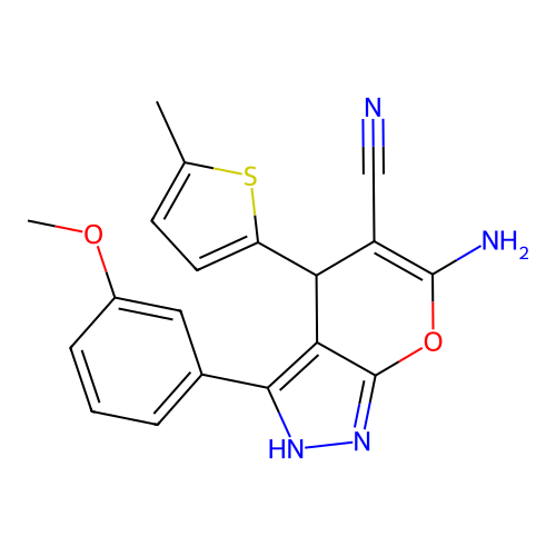 6-amino-3-(3-methoxyphenyl)-4-(5-methylthiophen-2-yl)-2,4-dihydropyrano[2,3-c]pyrazole-5-carbonitrile structure