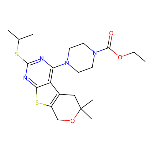 ethyl 4-(2-(isopropylthio)-6,6-dimethyl-6,8-dihydro-5H-pyrano[4',3':4,5]thieno[2,3-d]pyrimidin-4-yl)piperazine-1-carboxylate structure
