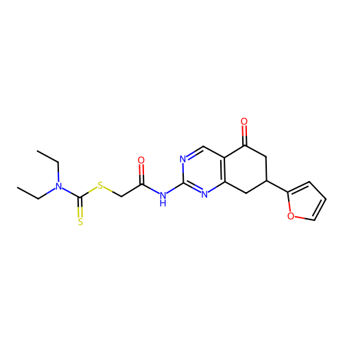2-{[7-(furan-2-yl)-5-oxo-5,6,7,8-tetrahydroquinazolin-2-yl]amino}-2-oxoethyl diethylcarbamodithioate structure
