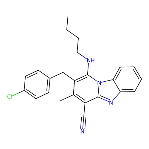 1-(butylamino)-2-(4-chlorobenzyl)-3-methylbenzo[4,5]imidazo[1,2-a]pyridine-4-carbonitrile structure